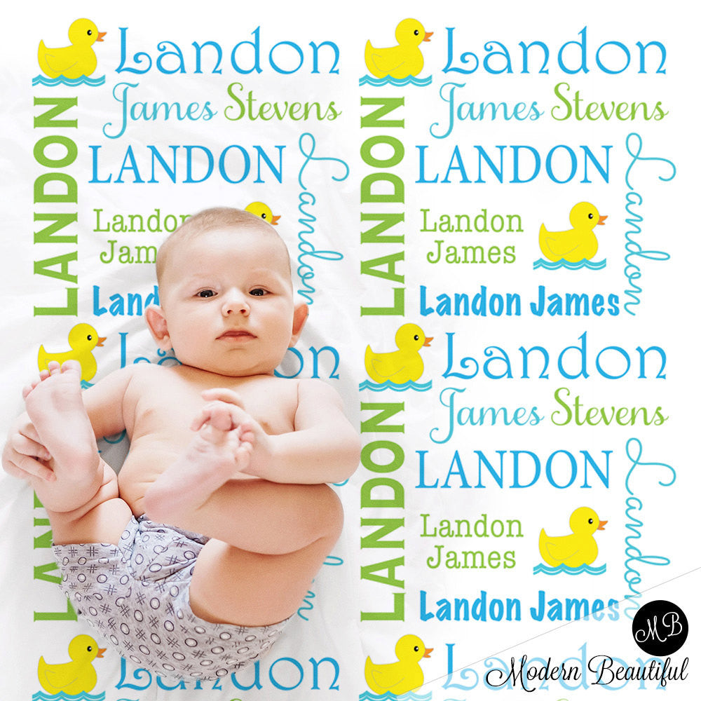 Ducky Name Blanket in lime green and sky blue Baby Boy photo prop blanket, personalized, rubber ducky blanket, duck blanket, choose colors