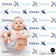 Airplane baby name blanket in blue and gray