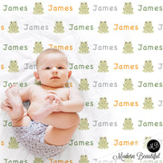 Frog Name Blanket for Boy, personalized baby gift photo prop blanket, repeating name with frog, personalized blanket, choose colors