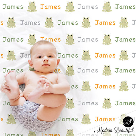 Frog Name Blanket for Boy, personalized baby gift photo prop blanket, repeating name with frog, personalized blanket, choose colors