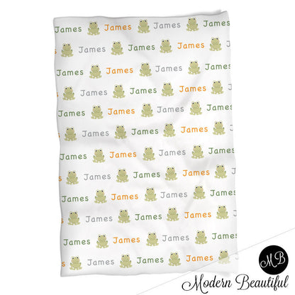 Frog Name Blanket for Boy, personalized baby gift photo prop blanket, repeating name with frog, personalized blanket, choose colors