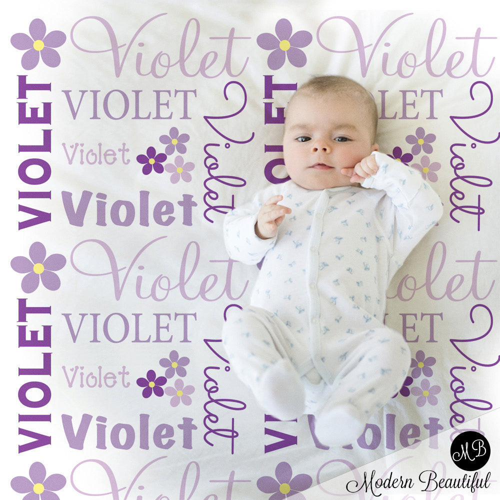 Flower Name Blanket in purple and gray for Baby Girl, personalized baby gift, blanket, baby blanket, personalized blanket, choose colors