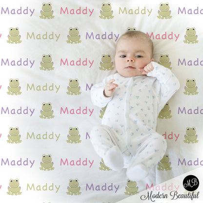 Frog Name Blanket for Girl, personalized baby gift photo prop blanket, repeating name with frog, personalized blanket, choose your colors