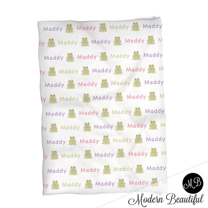 Frog Name Blanket for Girl, personalized baby gift photo prop blanket, repeating name with frog, personalized blanket, choose your colors