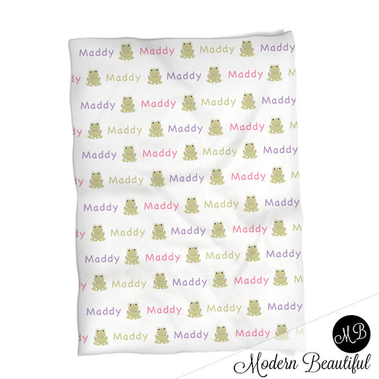 Frog Name Blanket for Girl, personalized baby gift photo prop blanket, repeating name with frog, personalized blanket, choose your colors