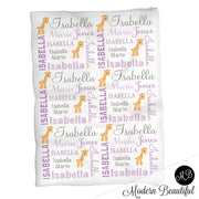 Giraffe Name Blanket in purple and gray for Baby Girl, personalized baby gift,  photo prop blanket, personalized blanket, choose colors