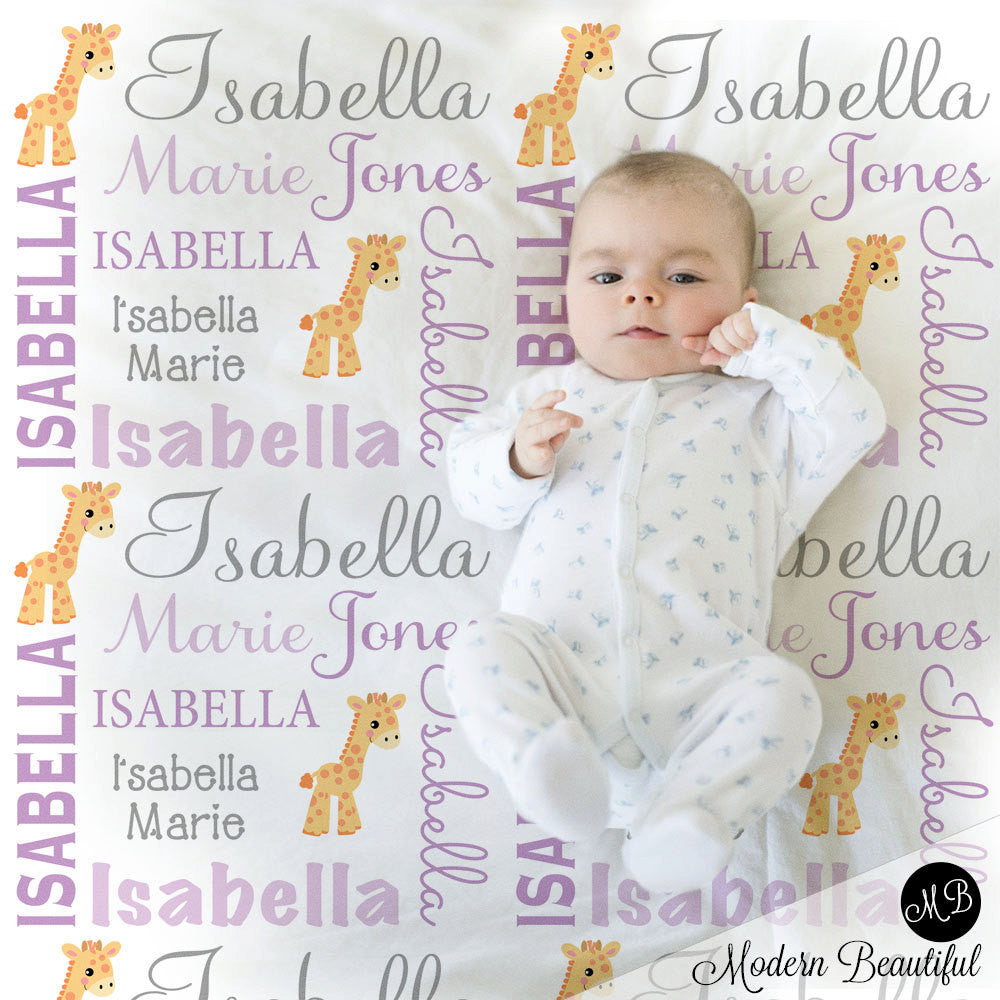 Giraffe Name Blanket in purple and gray for Baby Girl, personalized baby gift,  photo prop blanket, personalized blanket, choose colors