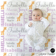 Giraffe Name Blanket in purple and gray for Baby Girl, personalized baby gift,  photo prop blanket, personalized blanket, choose colors