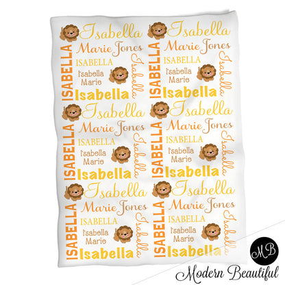 Lion Name Blanket for Baby Girl, personalized baby gift,  photo prop blanket, personalized blanket, safari animal lion choose colors