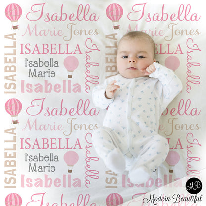 Hot Air Balloon Name Blanket in pink and tan, Girl, personalized blanket, custom blanket, baby blanket, personalized blanket, choose colors