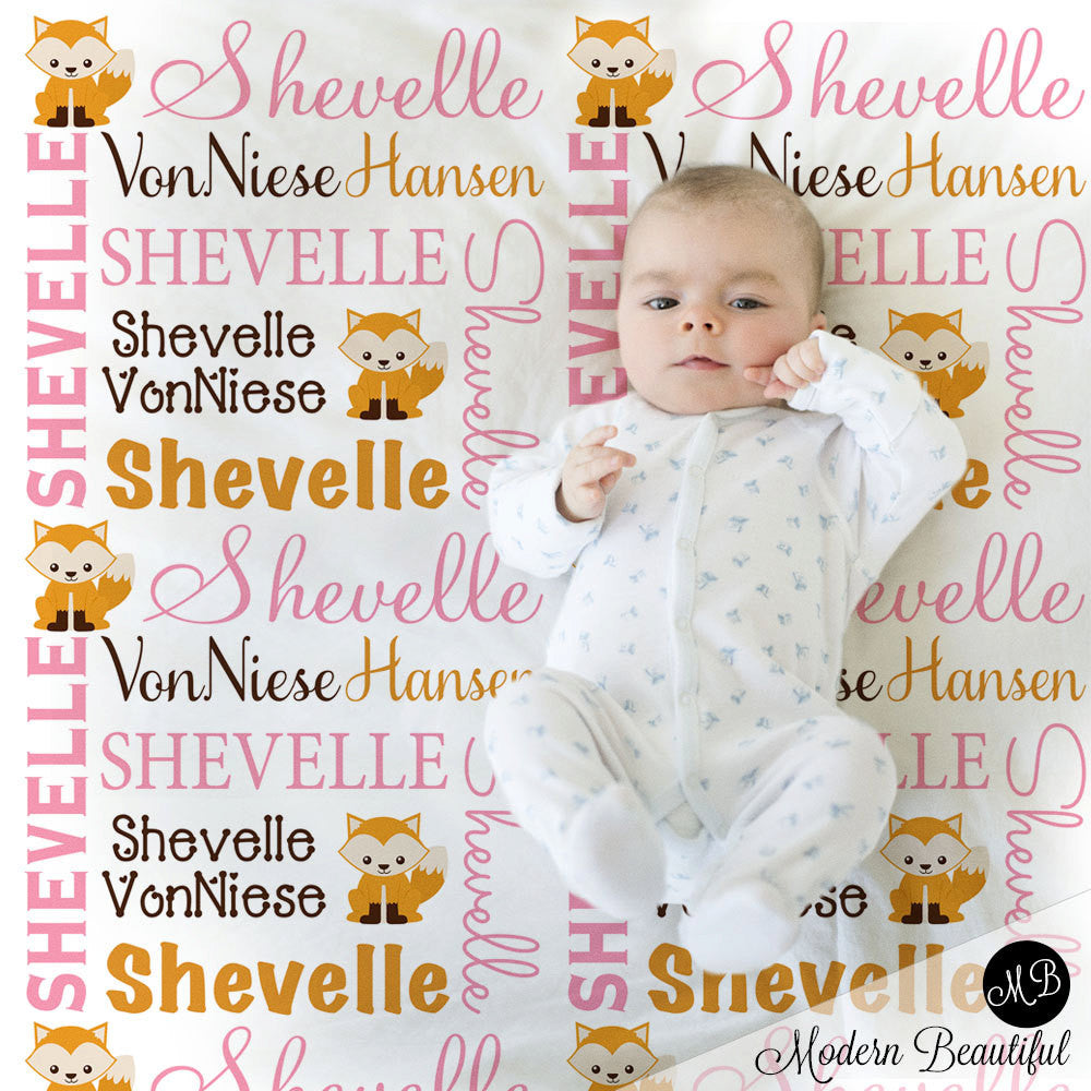 Fox Baby Girl Name Blanket in pink, orange, and brown, personalized blanket, custom blanket, blanket, personalized blanket, choose colors