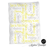 Baby Girl Name Blanket in Yellow and gray, personalized name blanket, girl baby blanket, baby shower gift