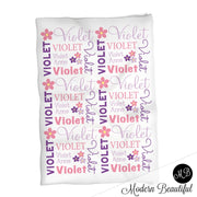 Flowers baby blanket with name, personalized newborn violet blanket, floral baby girl shower gift, simple flower theme (CHOOSE COLORS)
