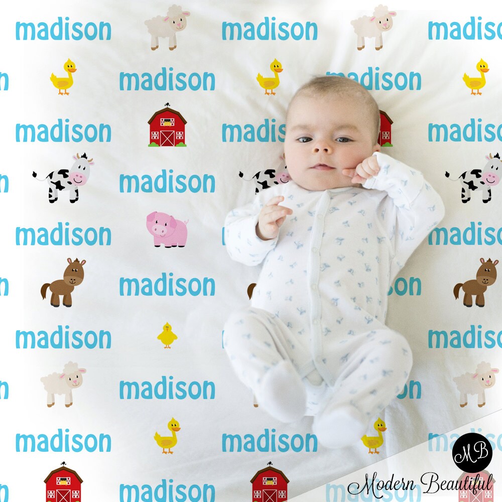 Personalized farm theme baby blanket, animal newborn baby gift, farm animal blanket with name, toddler or big kids, (CHOOSE COLORS)