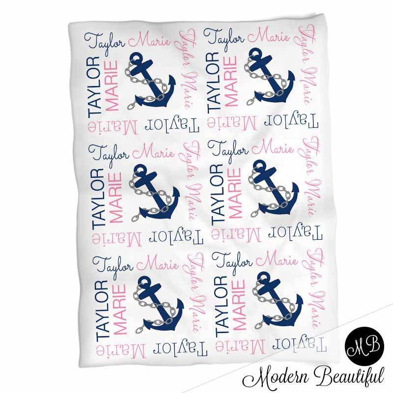 Nautical Baby Name blanket for Baby Girl, personalized baby gift, anchor blanket, girl baby blanket, personalized blanket , navy and pink