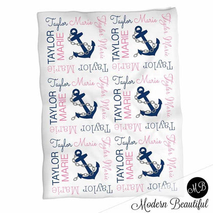 Nautical Baby Name blanket for Baby Girl, personalized baby gift, anchor blanket, girl baby blanket, personalized blanket , navy and pink