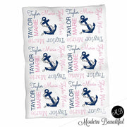 Nautical Baby Name blanket for Baby Girl, personalized baby gift, anchor blanket, girl baby blanket, personalized blanket , navy and pink