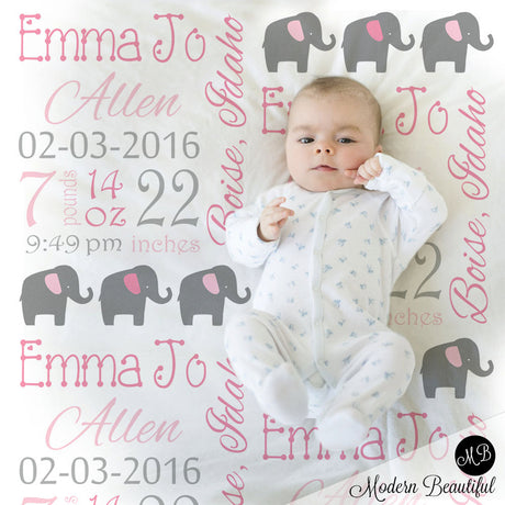 elephant baby girl stats blanket