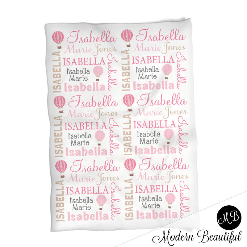 Hot Air Balloon Name Blanket in pink and tan, Girl, personalized blanket, custom blanket, baby blanket, personalized blanket, choose colors