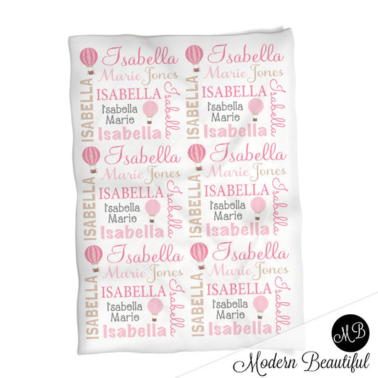 Hot Air Balloon Name Blanket in pink and tan, Girl, personalized blanket, custom blanket, baby blanket, personalized blanket, choose colors