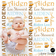 Fox Baby Boy Name Blanket in orange, blue, and tan, Boy, personalized blanket, custom blanket, blanket, personalized blanket, choose colors