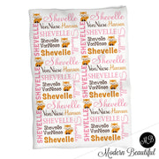 Fox Baby Girl Name Blanket in pink, orange, and brown, personalized blanket, custom blanket, blanket, personalized blanket, choose colors