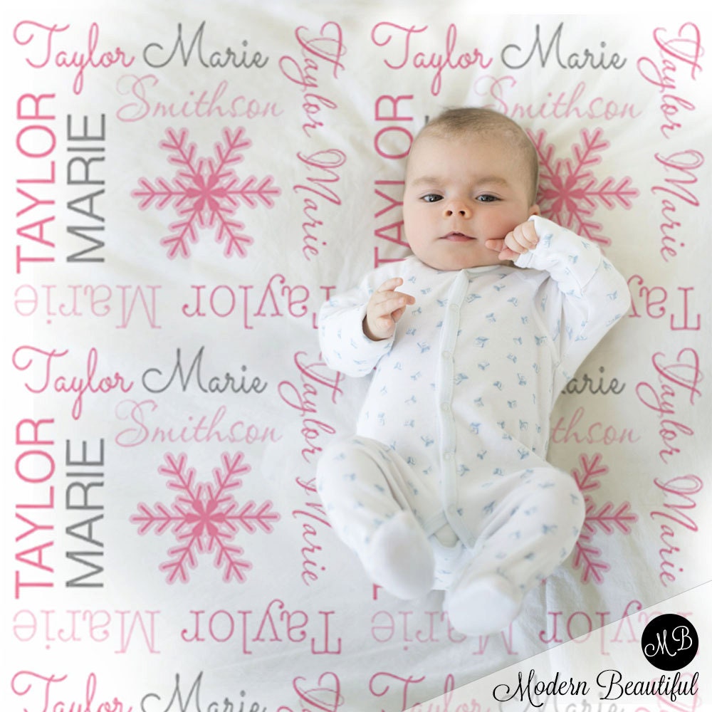 Personalized snowflake baby blanket, pink snowflake Christmas blanket with name, winter pink snowflake newborn swaddle gift, (CHOOSE COLORS)