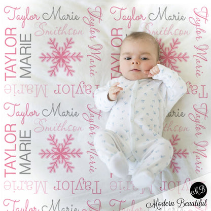 Personalized snowflake baby blanket, pink snowflake Christmas blanket with name, winter pink snowflake newborn swaddle gift, (CHOOSE COLORS)