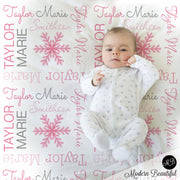 Personalized snowflake baby blanket, pink snowflake Christmas blanket with name, winter pink snowflake newborn swaddle gift, (CHOOSE COLORS)