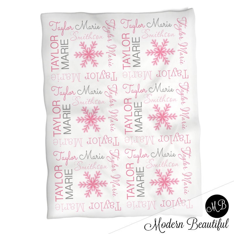 Personalized snowflake baby blanket, pink snowflake Christmas blanket with name, winter pink snowflake newborn swaddle gift, (CHOOSE COLORS)