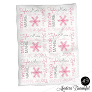 Personalized snowflake baby blanket, pink snowflake Christmas blanket with name, winter pink snowflake newborn swaddle gift, (CHOOSE COLORS)