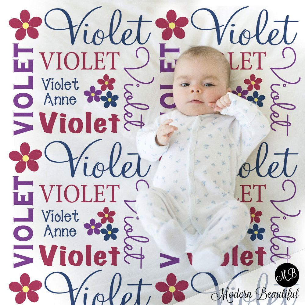 Personalized Name Blanket in red, purple, and blue for Baby Girl, personalized baby gift, photo prop, personalized blanket, choose colors