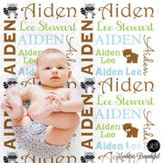 Woodland animals baby blanket, baby boy forest name blanket, newborn animals personalized baby gift, bear swaddle blanket (CHOOSE COLORS)