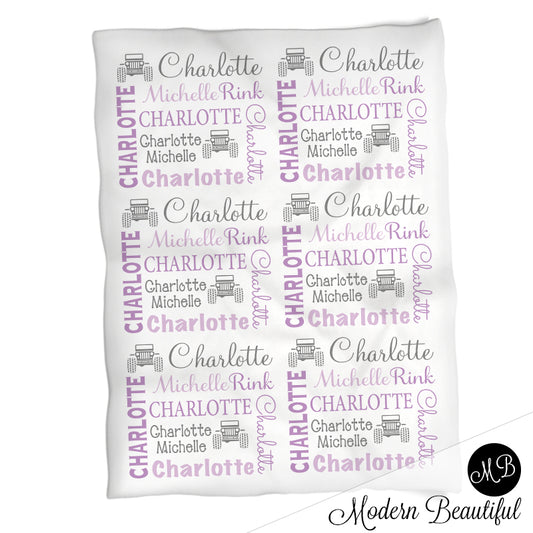 Purple and gray baby girl jeep 4x4 baby name blanket, 4x4 swaddling blanket, baby girl jeep blanket, 4x4 baby blanket, 4x4 baby shower gift, (CHOOSE COLORS)