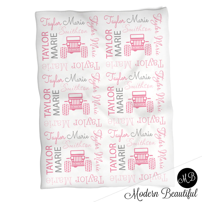 Baby girl jeep 4x4 baby name blanket, 4x4 swaddling blanket, baby girl jeep blanket, 4x4 baby blanket, 4x4 baby shower gift, (CHOOSE COLORS)
