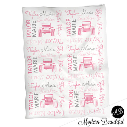 Baby girl jeep 4x4 baby name blanket, 4x4 swaddling blanket, baby girl jeep blanket, 4x4 baby blanket, 4x4 baby shower gift, (CHOOSE COLORS)