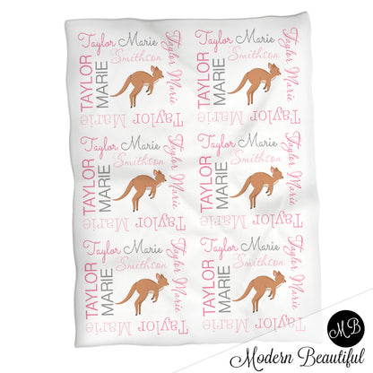 Baby girl kangaroo blanket, pink and gray name blanket, kangaroo swaddling blanket, kangaroo baby gift, girl baby shower gift, choose colors