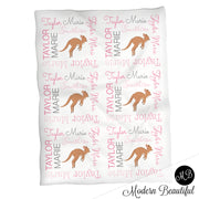 Baby girl kangaroo blanket, pink and gray name blanket, kangaroo swaddling blanket, kangaroo baby gift, girl baby shower gift, choose colors