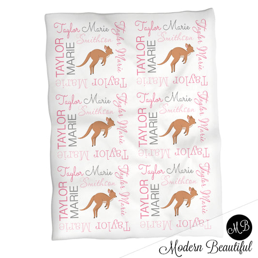 Copy of Baby girl kangaroo blanket, pink and gray name blanket, kangaroo swaddling blanket, kangaroo baby gift, girl baby shower gift, choose colors