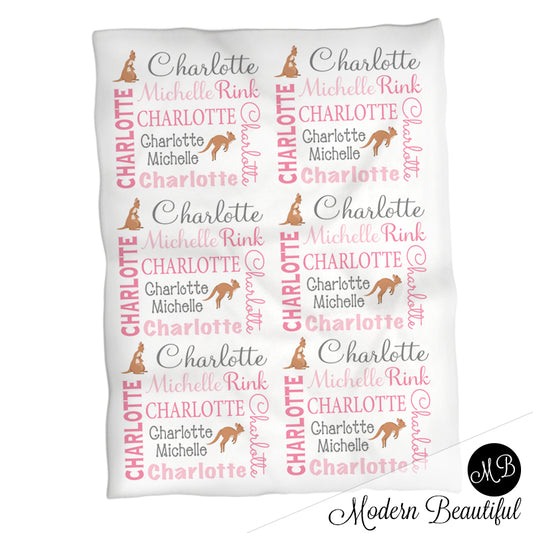 Kangaroo baby girl blanket, pink and gray name blanket, kangaroo swaddling blanket, kangaroo baby gift, girl baby shower gift, choose colors
