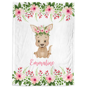 Baby girl kangaroo blanket, pink and gray name blanket, floral kangaroo swaddling blanket, kangaroo baby gift, girl baby shower gift, choose colors