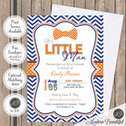 Navy and orange little man boy baby shower invitation