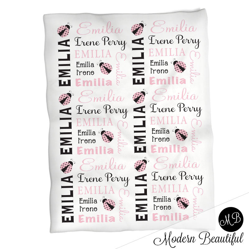 Baby girl ladybug name blanket, pink and black ladybug swaddling blankets, baby girl ladybugs blanket, ladybug baby shower gift, (CHOOSE COLORS)