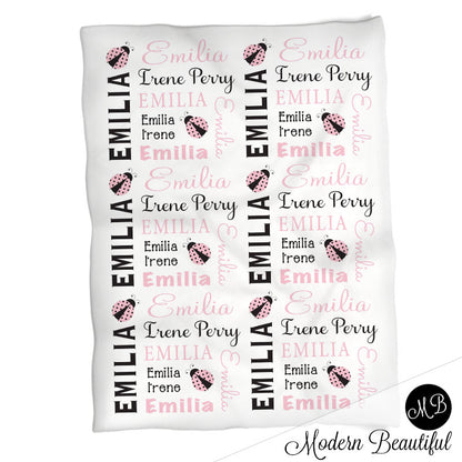 Baby girl ladybug name blanket, pink and black ladybug swaddling blankets, baby girl ladybugs blanket, ladybug baby shower gift, (CHOOSE COLORS)