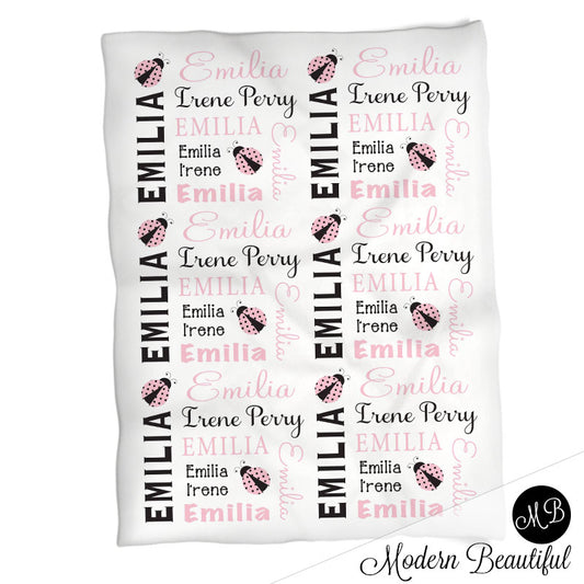 Baby girl ladybug name blanket, pink and black ladybug swaddling blankets, baby girl ladybugs blanket, ladybug baby shower gift, (CHOOSE COLORS)