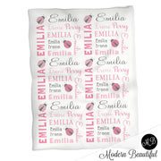 Baby girl ladybug name blanket, pink and gray ladybug swaddling blankets, baby girl ladybugs blanket, ladybug baby shower gift, (CHOOSE COLORS)
