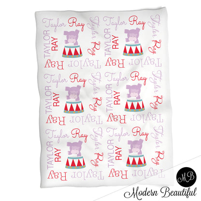 Circus girl baby name blanket, carnival personalized blankets, purple and red, boy or girl blanket, baby shower gift, personalized name blanket, (CHOOSE COLORS)