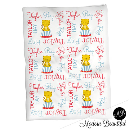 Circus carnival name blanket in blue and red, personalized boy carnival baby blanket, boy or girl name blanket, personalized name blanket, baby shower gift (CHOOSE COLORS)