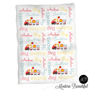 Circus carnival train name blanket in blue and red, personalized boy carnival baby blanket, boy or girl name blanket, personalized name blanket, baby shower gift (CHOOSE COLORS)