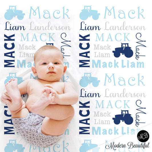 Tractor farm name blanket In Blue and Gray